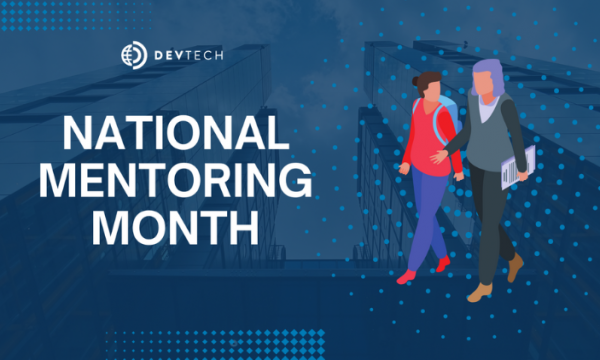 Nation Mentoring Month graphic with illustration of woman walking alongside girl.